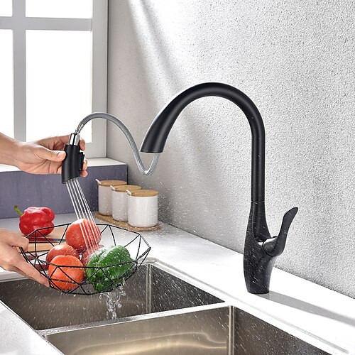 

Kitchen Faucet,Black Deck Mounted Sink Mixer Tap Single Handle One Hole Electroplated Pull-out Centerset Contemporary Rotatable Kitchen Taps with 2-Function Pull out Sprayer