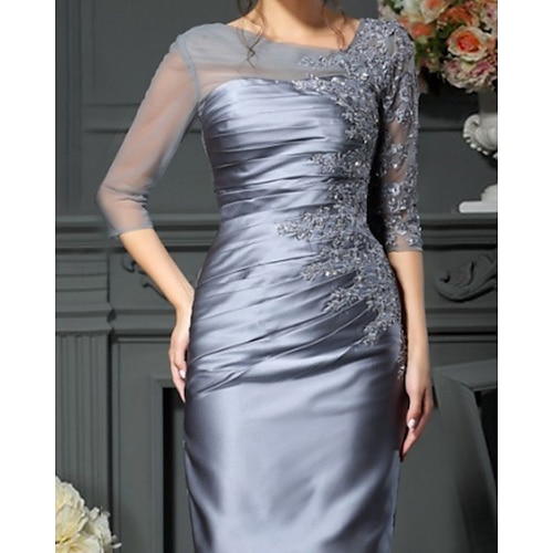 

Sheath / Column Mother of the Bride Dress Elegant Jewel Neck Knee Length Tulle Charmeuse 3/4 Length Sleeve with Lace Appliques 2022