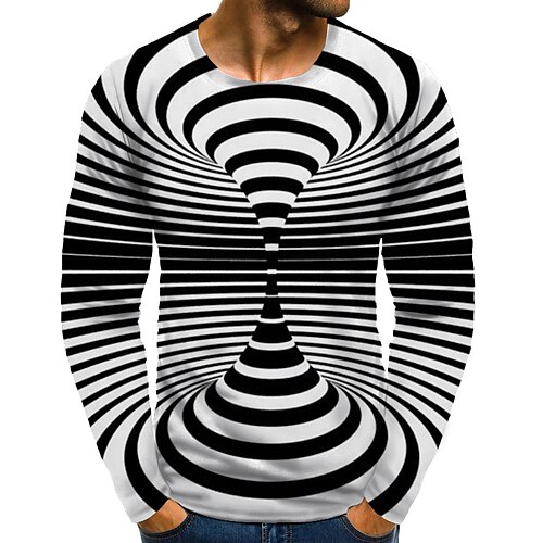 Men's T shirt 3D Print Graphic Optical Illusion 3D Plus Size Print Long Sleeve Daily Tops Round Neck Black / White / Sports