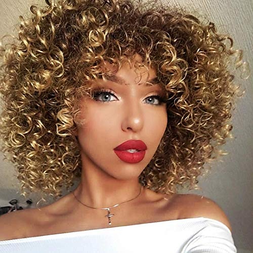 

Short Curly Afro Wigs for Black Women Afro Kinky Curly Hair Wig with Bangs Synthetic Soft Heat Resistant Full Curly Wigs