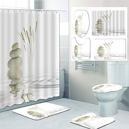 

Reflection In Water Pattern Printing Bathroom Shower Curtain Set with Hooks Include Bathtub Curtain and Mats 4pcs