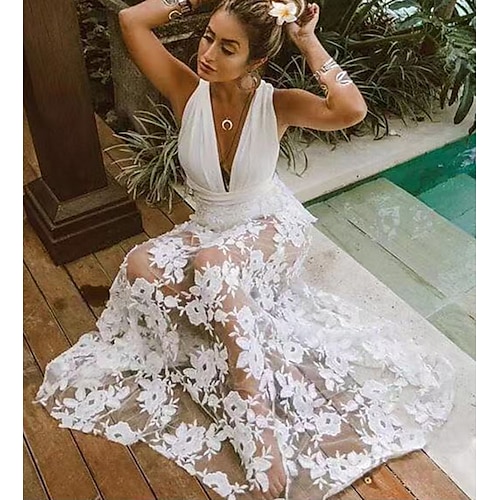 

Women's Party Dress Lace Dress White Dress Long Dress Maxi Dress White Sleeveless Floral Lace Spring Summer V Neck Slim S M L XL