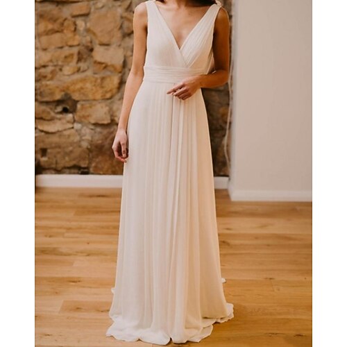 

Sheath / Column Wedding Dresses V Neck Court Train Chiffon Sleeveless Simple with 2022