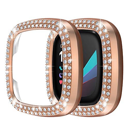 

case for fitbit sense/versa 3-2 pack double row crystal diamonds pc plated bumper frame bling protector cover(no screen protector) protective case for women girls smartwatch accessories, rose gold