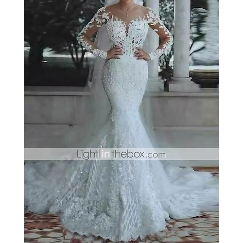 

Mermaid / Trumpet Wedding Dresses V Neck Floor Length Lace Tulle Long Sleeve Formal Luxurious Plus Size Illusion Sleeve with Draping Appliques 2022