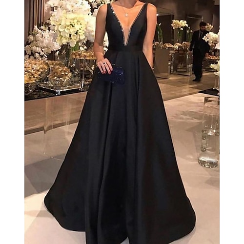 

A-Line Minimalist Sexy Engagement Formal Evening Dress V Neck Sleeveless Floor Length Satin with Pleats 2022