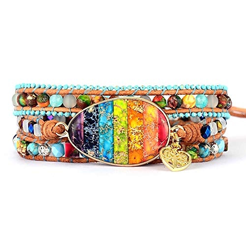 

imperial jasper chakra bracelet stackable spiritual artistic leather wrap bracelet w/ natural stones (chakra)