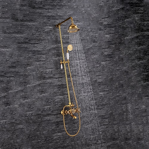 

Shower Faucet,Shower System,Rainfall Brass Shower Head System Set,Gold Handshower Included Vintage Style Electroplated Mount Outside Ceramic Valve Bath Shower Mixer Taps with Hot and Cold Switch