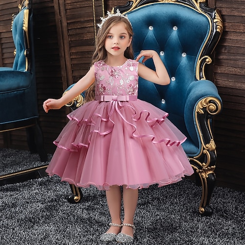 

Kids Little Girls' Party Dress Solid Colored Layered Dress Mesh Patchwork Bow Blue Red Blushing Pink Knee-length Sleeveless Basic Sweet Dresses Regular Fit 2-10 Years