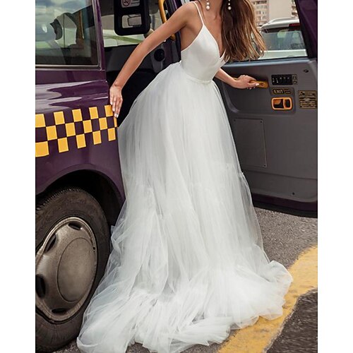 

A-Line Wedding Dresses V Neck Court Train Satin Tulle Sleeveless Beach with 2022