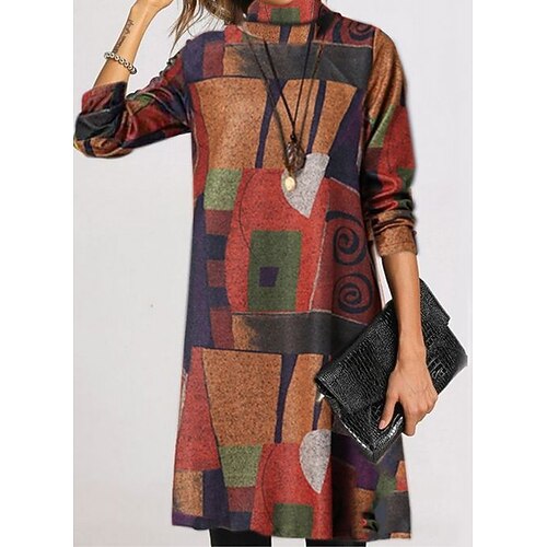 

Women's Casual Dress T Shirt Dress Tee Dress Knee Length Dress Rainbow Brown Long Sleeve Print Winter Fall Spring Turtleneck Basic Winter Dress Daily Weekend 2022 S M L XL XXL 3XL
