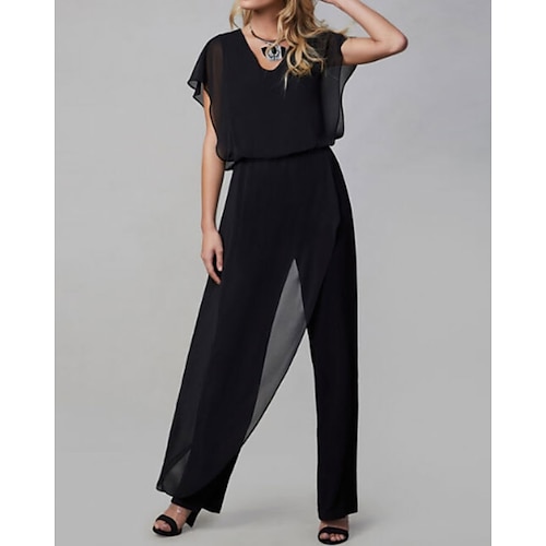 

Pantsuit Mother of the Bride Dress Jumpsuits V Neck Ankle Length Chiffon Short Sleeve with Ruching 2022