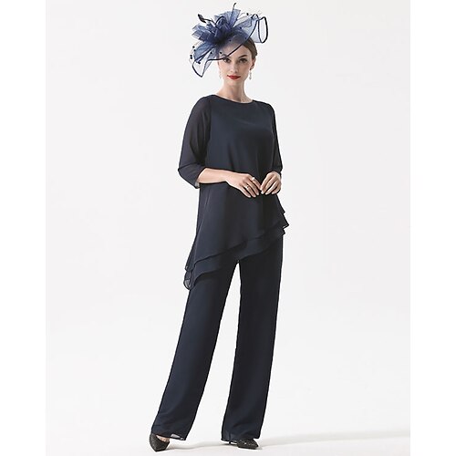 

Pantsuit Kjole til brudens mor Plusstørrelse Elegant Høj halset Gulvlang Chiffon 3/4-ærmer med Blonde 2023