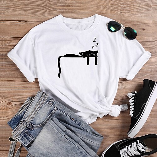 

Women's T shirt Tee White Black Cat Print Short Sleeve Daily Weekend Basic Round Neck Regular 100% Cotton S