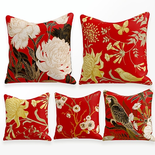 

Cushion Cover 5PCS Soft Square Throw Pillow Cover Cushion Case Pillowcase for Sofa Bedroom 45 x 45 cm (18 x 18 Inch) Superior Quality Mashine Washable Chinese Style Flowers Birds Faux Linen