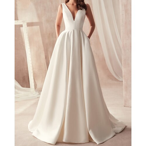 

A-Line Wedding Dresses V Neck Floor Length Satin Sleeveless Simple with 2022