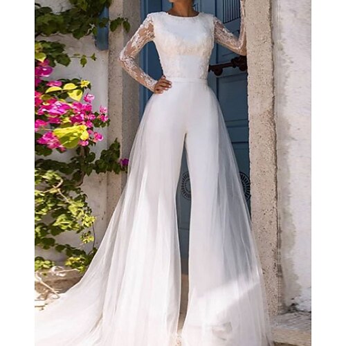 

Jumpsuits Wedding Dresses Jewel Neck Court Train Lace Tulle Long Sleeve Modern Illusion Sleeve with Lace 2022