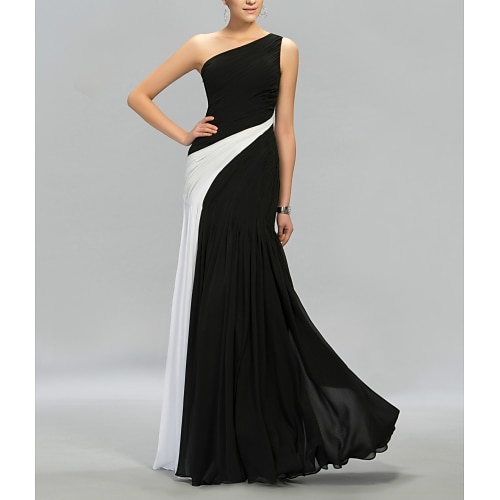 

Sheath / Column Color Block Minimalist Wedding Guest Formal Evening Dress One Shoulder Sleeveless Floor Length Chiffon with Sleek Pleats 2022