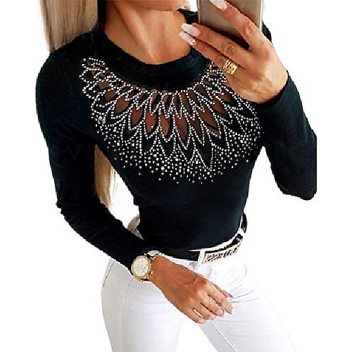 

Women's Blouse Shirt Gray Black Sequin Sparkly See Through Long Sleeve Casual Daily Cut Out Sexy Crew Neck Regular S