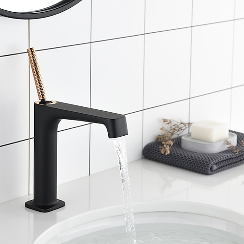 

Bathroom Sink Faucet - Hot Cold Single Lever Deck Mounted Black Wash Basin Faucet Shower Room Electroplated Centerset Single Handle One Hole Bath Toilet Vessel Sink Mixer Taps
