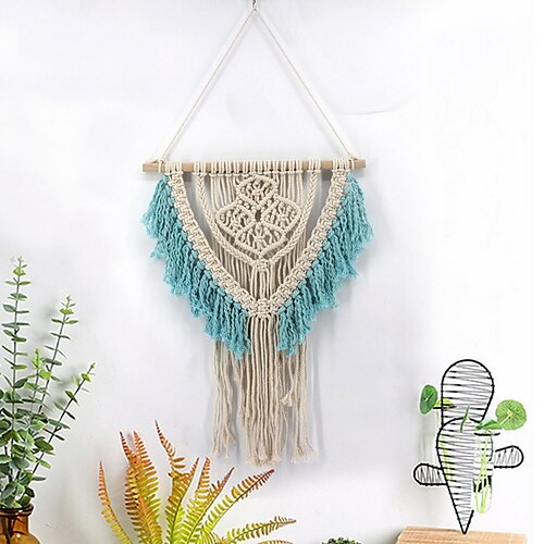 

Hand Woven Macrame Wall Tapestry Bohemian Boho Art Decor Blanket Curtain Hanging Home Bedroom Living Room Decoration Nordic Handmade Tassel Cotton Lake Blue