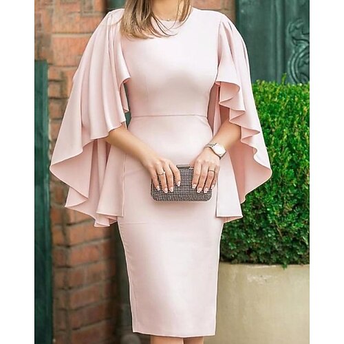 

Sheath / Column Mother of the Bride Dress Elegant Jewel Neck Knee Length Stretch Satin Half Sleeve with Ruffles 2022