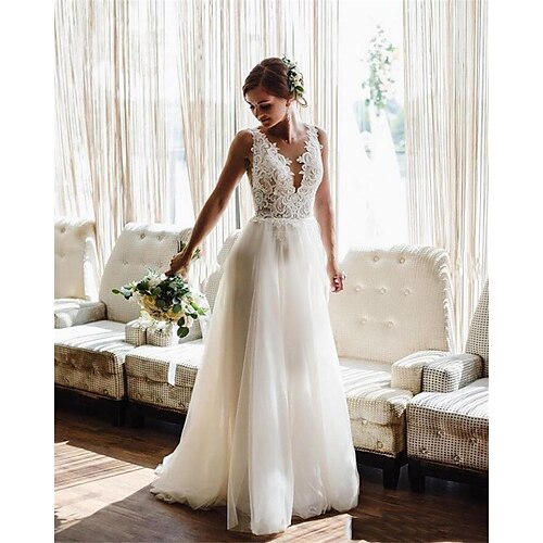 

A-Line Wedding Dresses V Neck Floor Length Lace Tulle Sleeveless Simple Beach with Pleats Appliques 2022