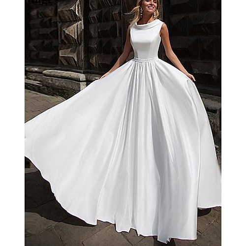 

A-Line Wedding Dresses Jewel Neck Court Train Satin Sleeveless Simple with Sashes / Ribbons 2022