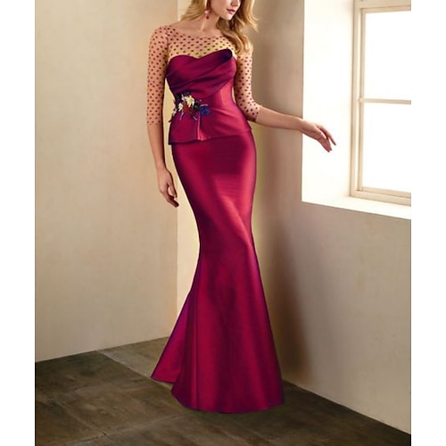 

Mermaid / Trumpet Evening Dresses Elegant Dress Wedding Guest Sweep / Brush Train Half Sleeve Illusion Neck Taffeta with Appliques 2022 / Formal Evening