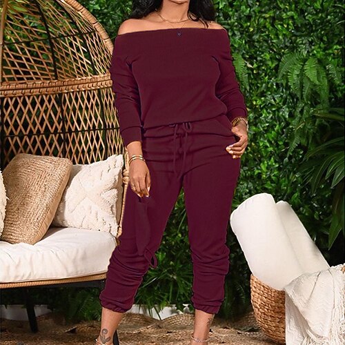 

Women's Plus Size Jumpsuit Drawstring Plain Long Sleeve Basic Spring Summer Yellow Wine Army Green L XL XXL 3XL 4XL / One Shoulder / Off Shoulder
