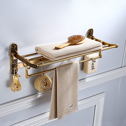 

Multilayer Towel Bar with 7 Hooks Foldable Antique Carved Aluminum for Bathroom Wall Mounted 1pc