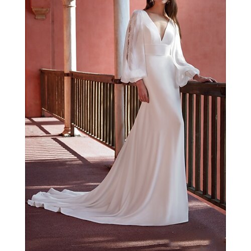 

Sheath / Column Wedding Dresses V Neck Sweep / Brush Train Chiffon Lace Long Sleeve Beach with 2022