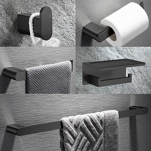 

Bathroom Accessory Set Stainless Steel Include Robe Hook, Towel Bar, Towel Holder, Toilet Paper Holder with Shelf for Phone and Wash Supplies, Matte Black Bathroom