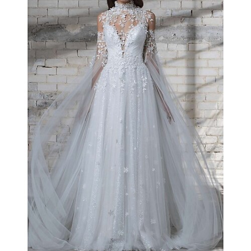 

Sheath / Column Wedding Dresses Jewel Neck Sweep / Brush Train Lace Tulle Long Sleeve Country with 2022