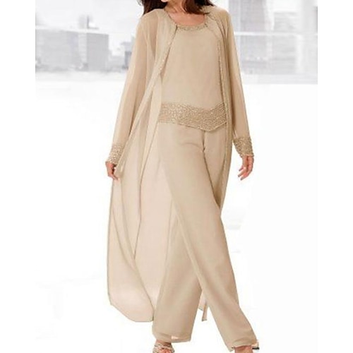 

Pantsuit Mother of the Bride Dress Elegant Jewel Neck Floor Length Chiffon Satin Long Sleeve with Sequin 2022