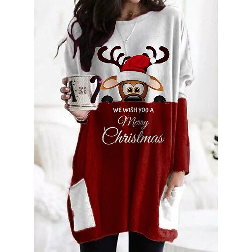 

Women's T shirt Dress Tunic Shirts Tunic Red White Black Plaid Color Block Patchwork Pocket Long Sleeve Gift Daily Basic Round Neck Long S / Print