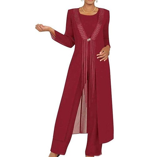 

Two Piece A-Line Mother of the Bride Dress Vintage Elegant Jewel Neck Floor Length Chiffon Long Sleeve with Pleats 2022