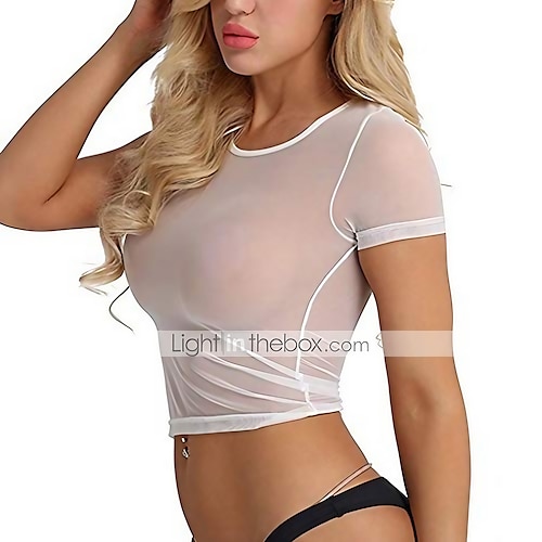 

Women's T shirt Tee Black White Plain See Through Short Sleeve Home Sexy Y2K Round Neck S