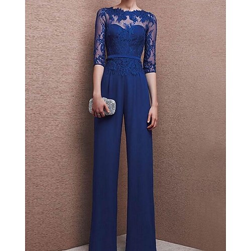 

Pantsuit Mother of the Bride Dress Elegant See Through Jewel Neck Floor Length Chiffon 3/4 Length Sleeve with Appliques 2022