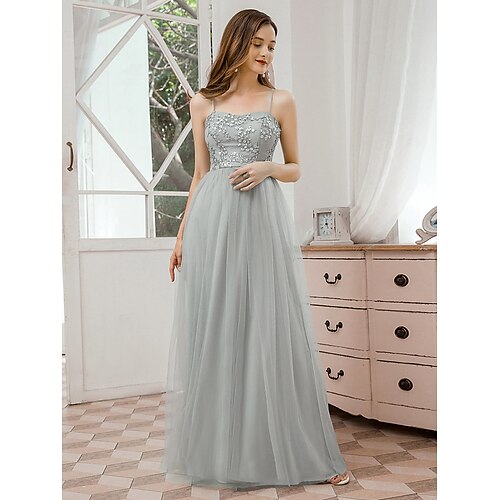

A-Line Bridesmaid Dress Spaghetti Strap Sleeveless Elegant Floor Length Tulle with Sequin / Draping / Appliques 2022