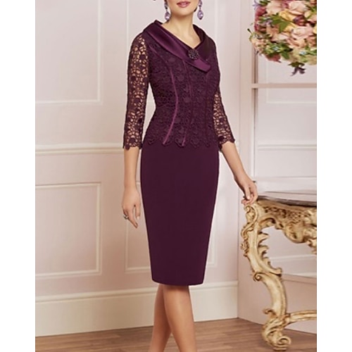 

Sheath / Column Mother of the Bride Dress Plus Size V Neck Knee Length Lace Charmeuse Half Sleeve with Lace Beading 2022