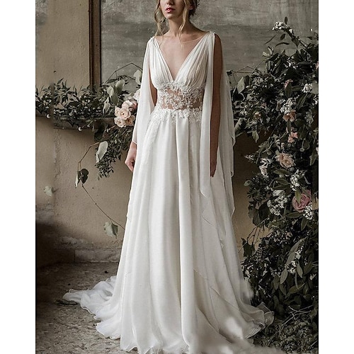 

A-Line Wedding Dresses Jewel Neck Chapel Train Chiffon Sleeveless Beach with Pleats Lace Insert 2022