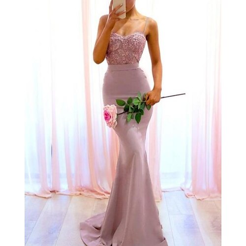 

Mermaid / Trumpet Bridesmaid Dress Spaghetti Strap Sleeveless Elegant Sweep / Brush Train Lace / Satin with Lace / Appliques 2022