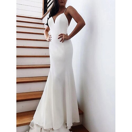 

Mermaid / Trumpet Wedding Dresses Spaghetti Strap Chapel Train Spandex Sleeveless Simple Beach Sexy with Bow(s) 2022