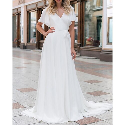 

A-Line Wedding Dresses V Neck Sweep / Brush Train Chiffon Short Sleeve Beach with Sashes / Ribbons 2022