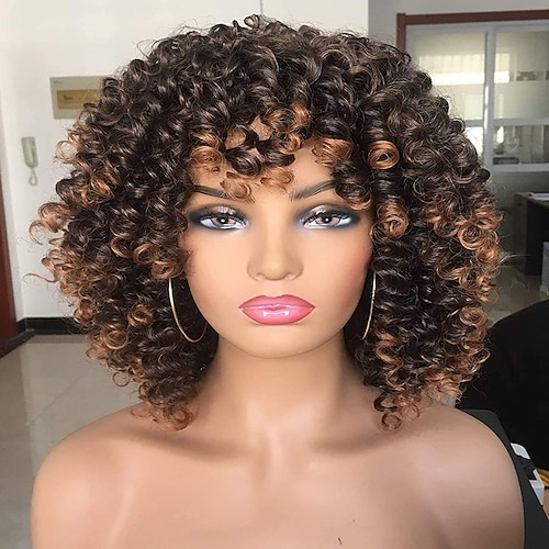 

Brown Wigs For Women Short Curly Wig For Black Women with Bangs Big Bouncy Fluffy Wig 2Tone Ombre Darkest Brown Short Curly Afro Wig