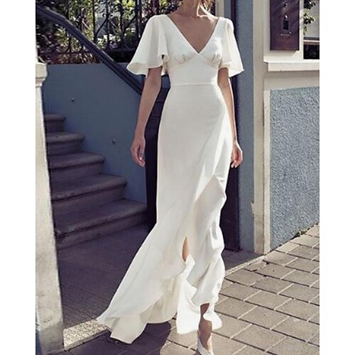 

Sheath / Column Wedding Dresses V Neck Sweep / Brush Train Charmeuse Short Sleeve Beach with Ruffles 2022