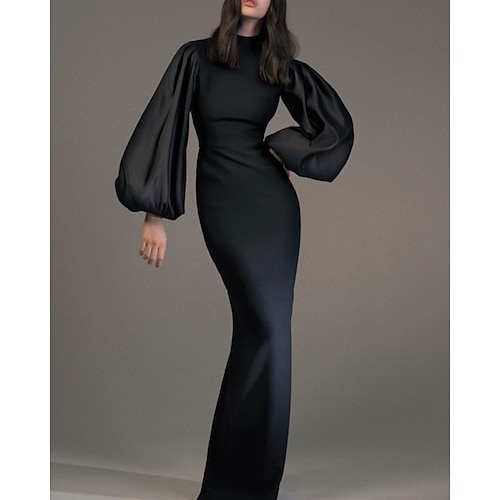 

Sheath / Column Minimalist Elegant Wedding Guest Formal Evening Dress High Neck Long Sleeve Floor Length Spandex with Sleek 2022