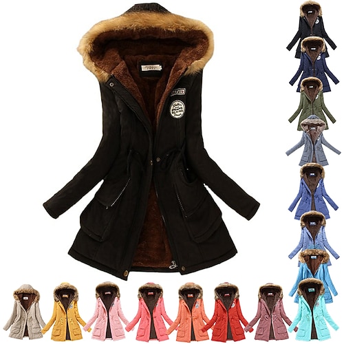 

Women's Hoodie Jacket Fleece Coat Winter Fashion Cotton Padded Parka Thermal Warm Windproof Breathable Wear Resistance Long Trench Coat Top Fur Collar Hooded Jacket Slim Outwear with Pockets