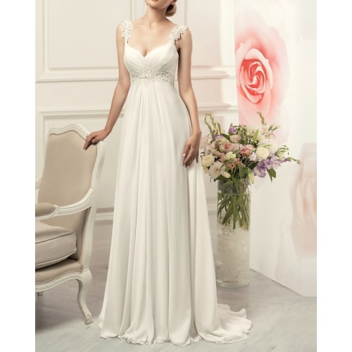 

Sheath / Column Wedding Dresses V Neck Sweep / Brush Train Chiffon Lace Sleeveless Vintage with Appliques 2022